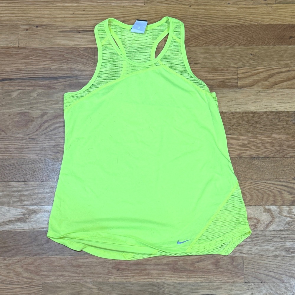 Nike Womens Dri-FIT Racerback Tank Top Neon Yellow Mesh Run Gym 645796-702 M